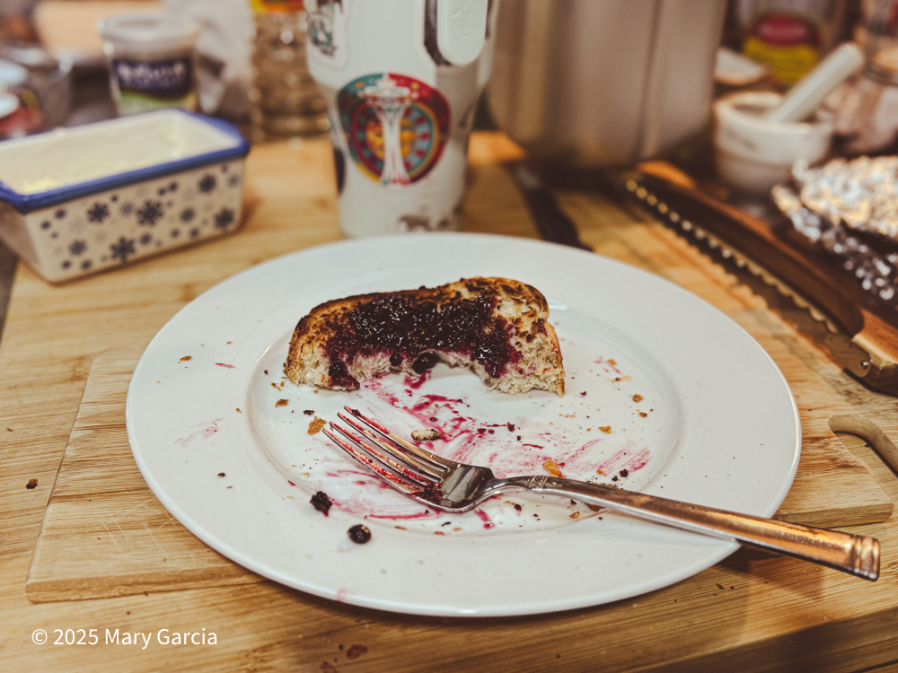 Plate with a half-eaten slice of toast covered in dark mossberry jam, fork resting on the plate.