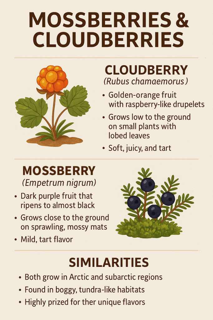 Illustrated infographic comparing mossberries and cloudberries on St. Paul Island, showing berry color, flavor, abundance, and growing habits.