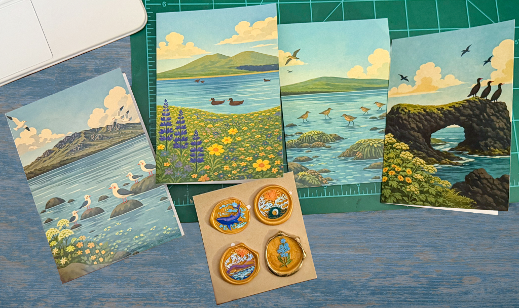 Handmade coastal Alaska notecards and wax seals arranged on an artist’s work table