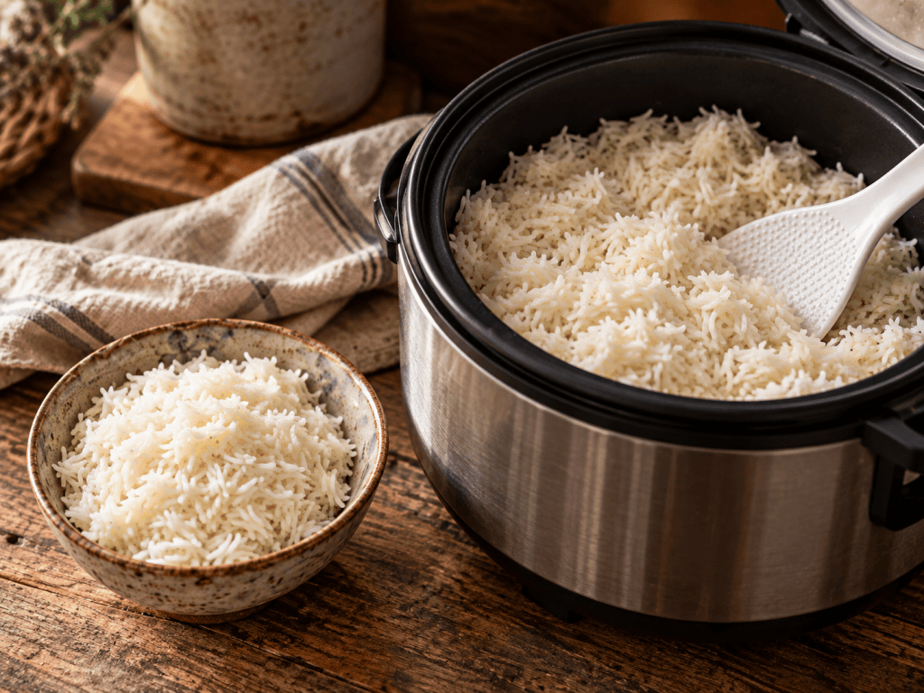 Fluffy white pandan coconut basmati rice served in a rustic ceramic bowl beside an open rice cooker on a wooden table.