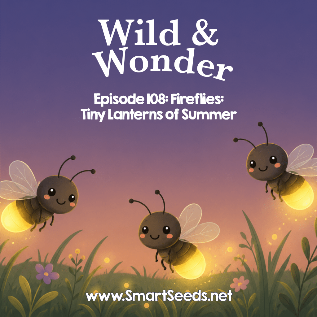 Wild & Wonder Episode 108 podcast cover showing three glowing fireflies flying over a summer meadow at twilight.