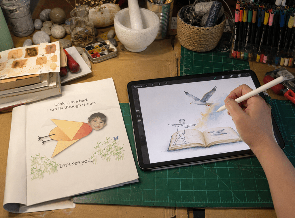 Drawing a new bird illustration on an iPad beside an early SmartSeeds children’s book page.