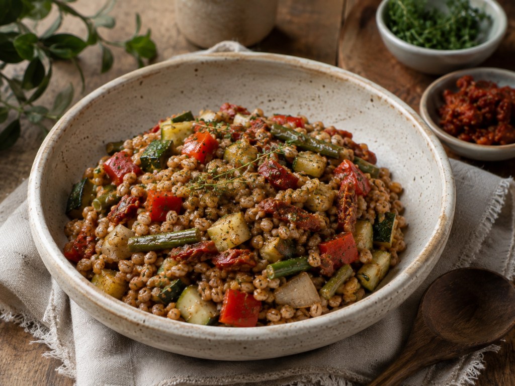 Instant Pot vegetable farro with zucchini, bell peppers, green beans, onions, and sun-dried tomatoes in a rustic ceramic bowl.