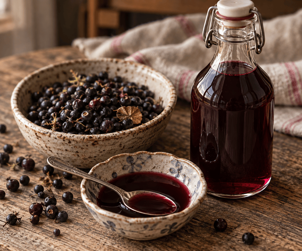 Homemade dark purple mossberry syrup in a glass bottle beside a vintage ceramic dish and a bowl of small, nearly black Alaskan mossberries.