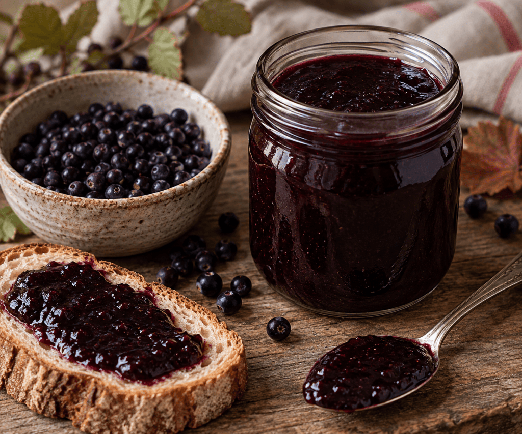 Jar of dark purple homemade mossberry jam beside a ceramic bowl of small, nearly black Alaskan mossberries, with jam on a spoon and bread.