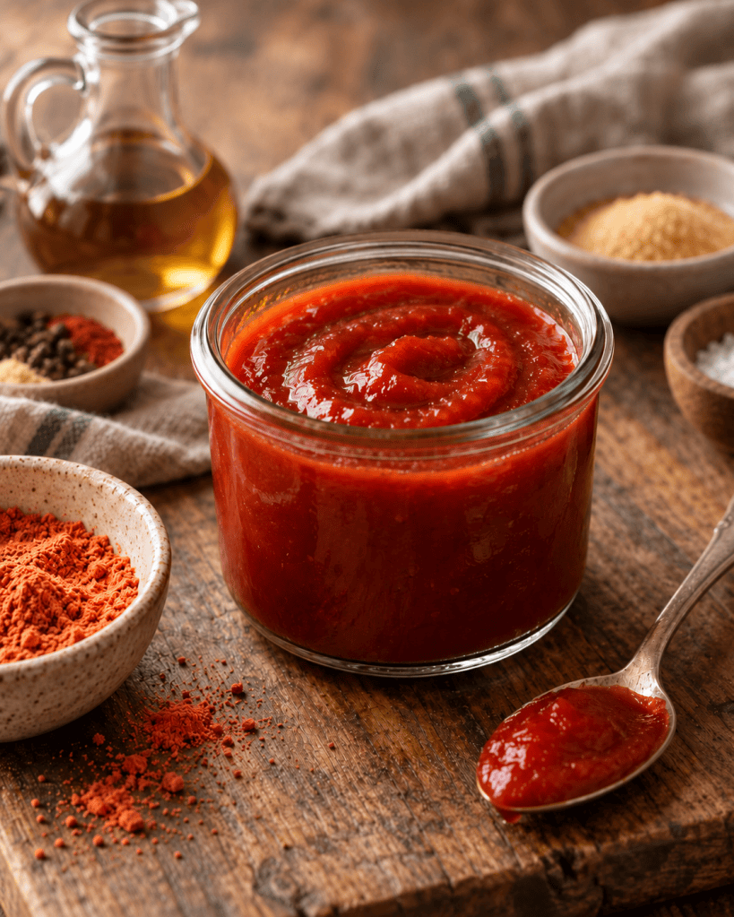 Homemade tomato ketchup made from tomato powder in a glass jar, surrounded by dried tomato powder, vinegar, sugar, and spices.